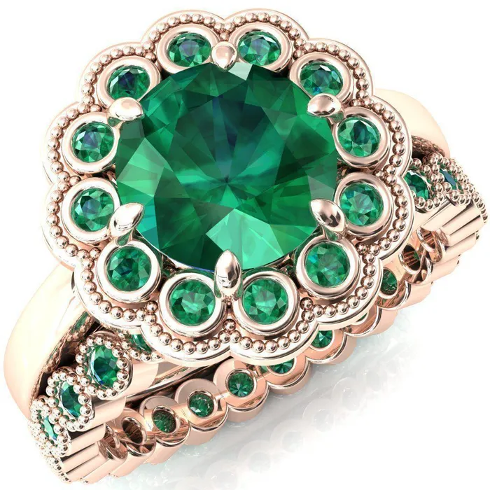 Fire Brilliance Rings Zinnia Round Emerald 6 Prongs Milgrain Halo Accent Emerald Ring