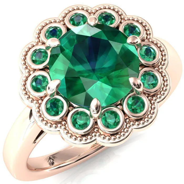 Fire Brilliance Rings Zinnia Round Emerald 6 Prongs Milgrain Halo Accent Emerald Ring
