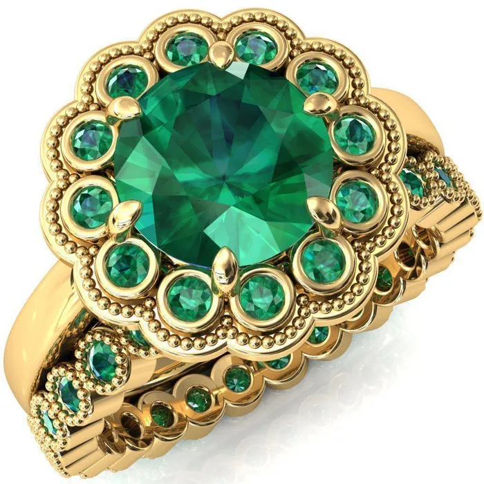 Fire Brilliance Rings Zinnia Round Emerald 6 Prongs Milgrain Halo Accent Emerald Ring