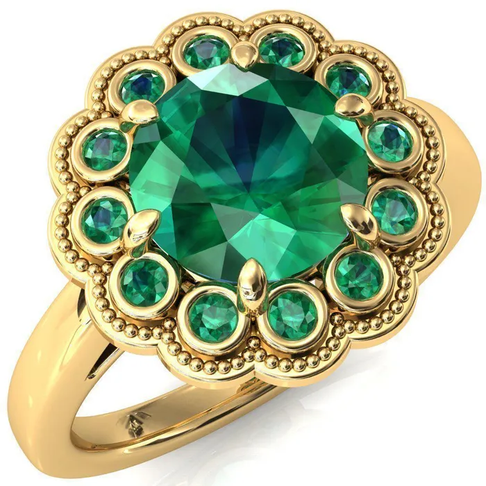 Fire Brilliance Rings Zinnia Round Emerald 6 Prongs Milgrain Halo Accent Emerald Ring