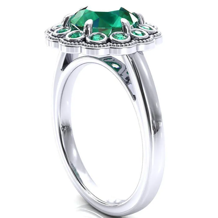 Fire Brilliance Rings Zinnia Round Emerald 6 Prongs Milgrain Halo Accent Emerald Ring