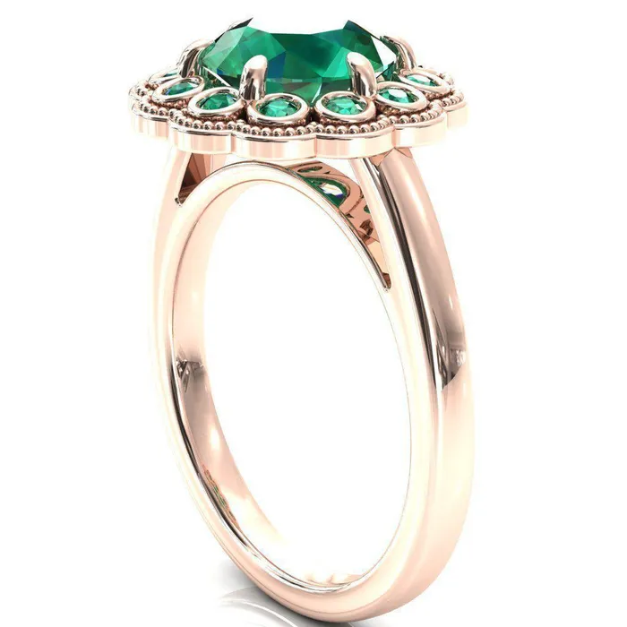 Fire Brilliance Rings Zinnia Round Emerald 6 Prongs Milgrain Halo Accent Emerald Ring