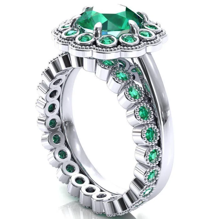 Fire Brilliance Rings Zinnia Round Emerald 6 Prongs Milgrain Halo Accent Emerald Ring
