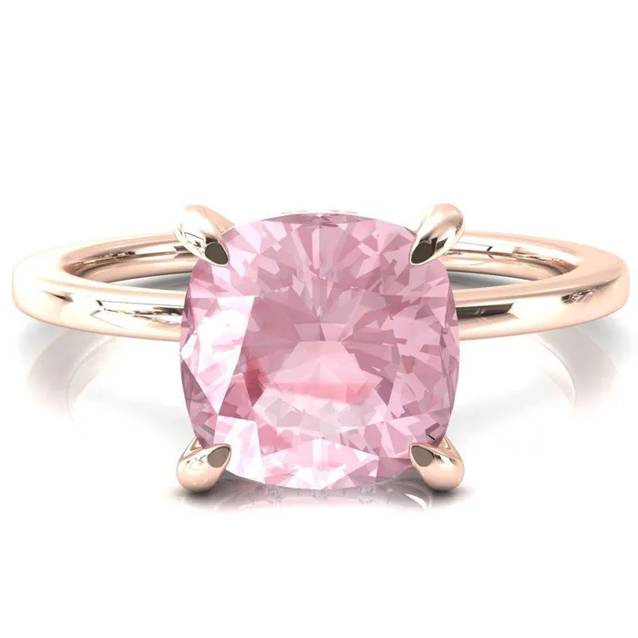 Fire Brilliance Rosy Cushion Pink Sapphire 4 Claw Prong Single Rail Micropave Engagement Ring Rings
