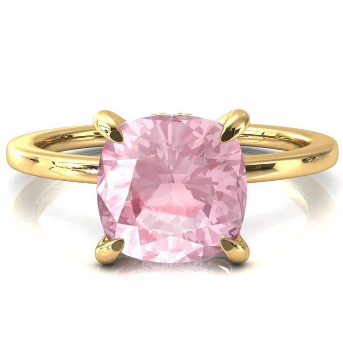 Fire Brilliance Rosy Cushion Pink Sapphire 4 Claw Prong Single Rail Micropave Engagement Ring Rings