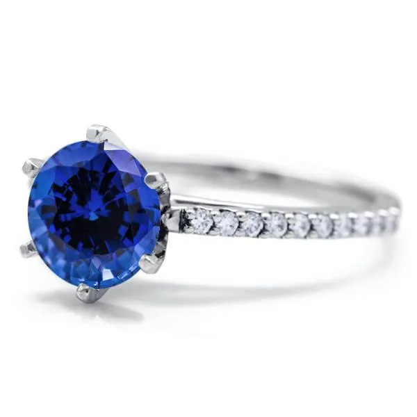 Fire Brilliance Round Blue Sapphire 6 Prongs Diamond Accent Ice Cathedral Solitaire Ring Rings