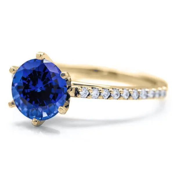 Fire Brilliance Round Blue Sapphire 6 Prongs Diamond Accent Ice Cathedral Solitaire Ring Rings