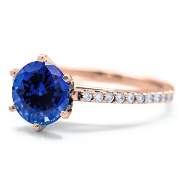 Fire Brilliance Round Blue Sapphire 6 Prongs Diamond Accent Ice Cathedral Solitaire Ring Rings