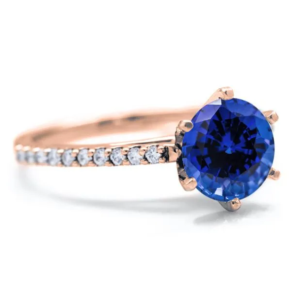 Fire Brilliance Round Blue Sapphire 6 Prongs Diamond Accent Ice Cathedral Solitaire Ring Rings