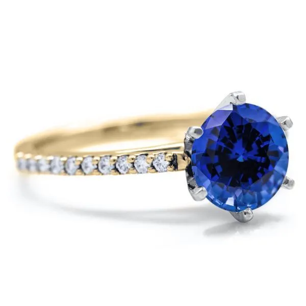 Fire Brilliance Round Blue Sapphire 6 Prongs Diamond Accent Ice Cathedral Solitaire Ring Rings