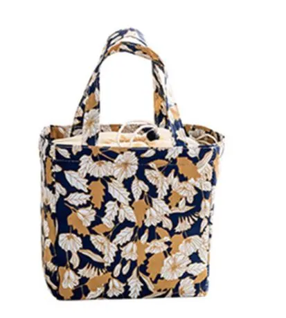 G45 Navy Blue Leaves Floral Print Insulated Lunch Tote with Drawstring Closure Polly Rings