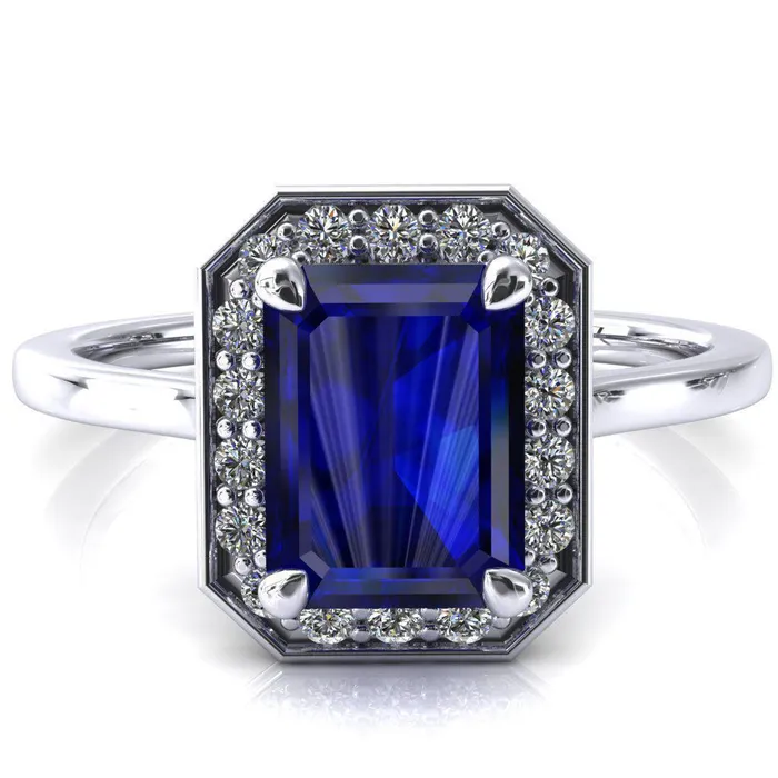 Holly Emerald Blue Sapphire 4 Prong Pinpoint Floating Halo Scalloped Cathedral Ring Fire Brilliance Rings Holly Emerald Blue Sapphire 4 Prong Pinpoint Floating Halo Scalloped Cathedral Ring Fire Brilliance Rings