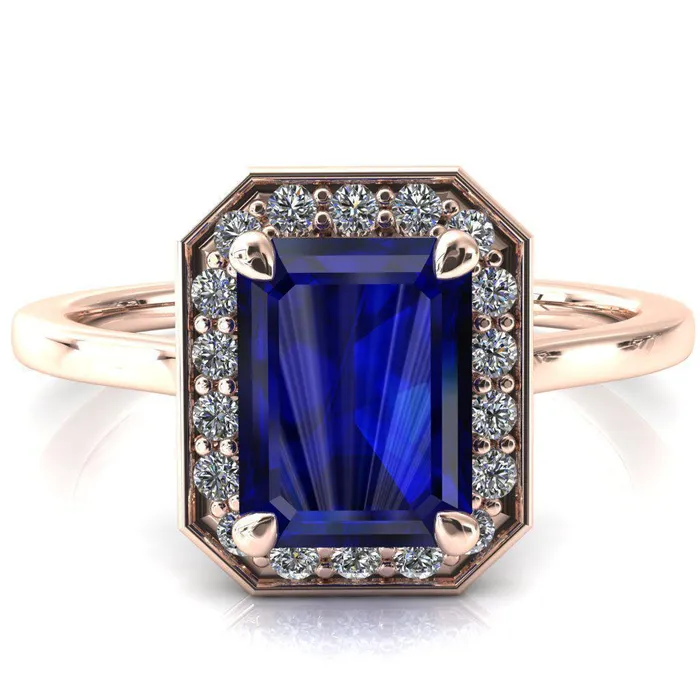 Holly Emerald Blue Sapphire 4 Prong Pinpoint Floating Halo Scalloped Cathedral Ring Fire Brilliance Rings