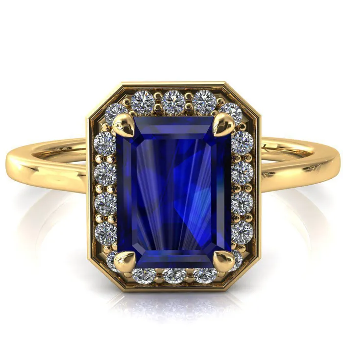 Holly Emerald Blue Sapphire 4 Prong Pinpoint Floating Halo Scalloped Cathedral Ring Fire Brilliance Rings