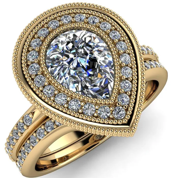 Kasey Pear Center Stone Milgrain Halo Bezel Pinch Diamond Ring Fire Brilliance Rings Kasey Pear Center Stone Milgrain Halo Bezel Pinch Diamond Ring Fire Brilliance Rings