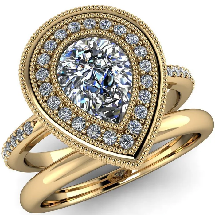 Kasey Pear Center Stone Milgrain Halo Bezel Pinch Diamond Ring Fire Brilliance Rings