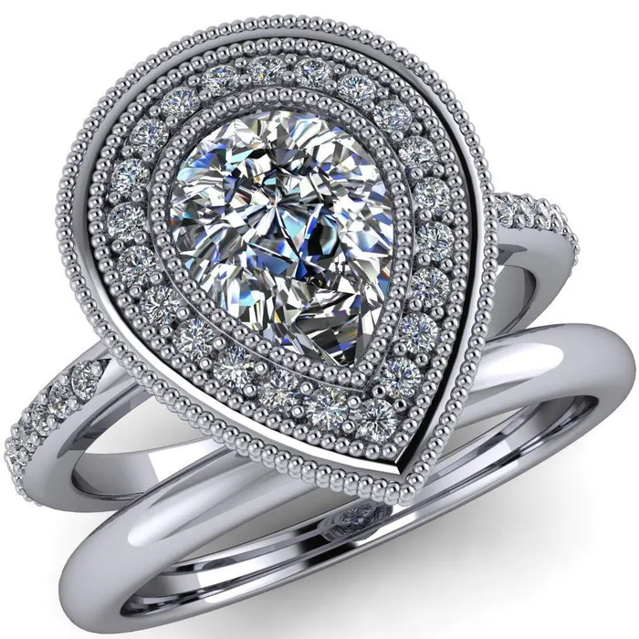 Kasey Pear Center Stone Milgrain Halo Bezel Pinch Diamond Ring Fire Brilliance Rings