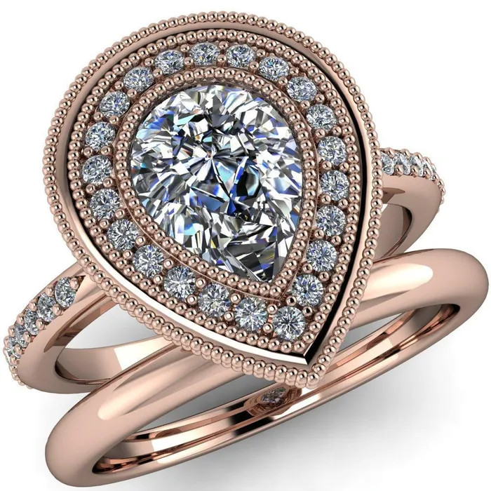 Kasey Pear Center Stone Milgrain Halo Bezel Pinch Diamond Ring Fire Brilliance Rings