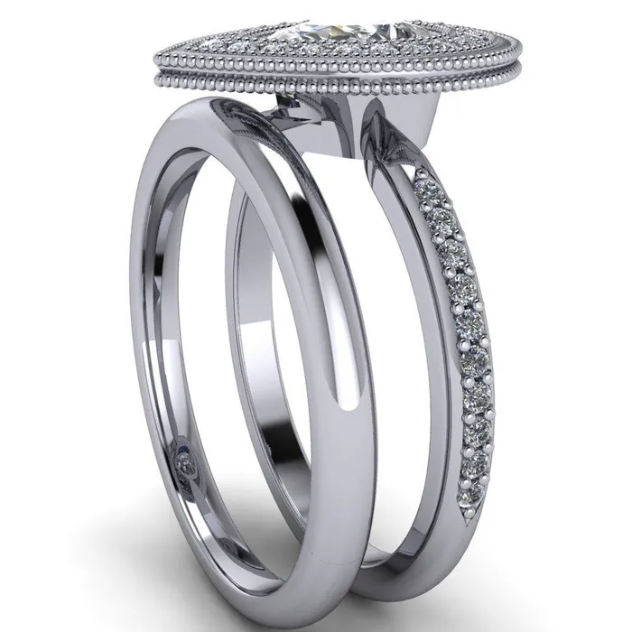 Kasey Pear Center Stone Milgrain Halo Bezel Pinch Diamond Ring Fire Brilliance Rings