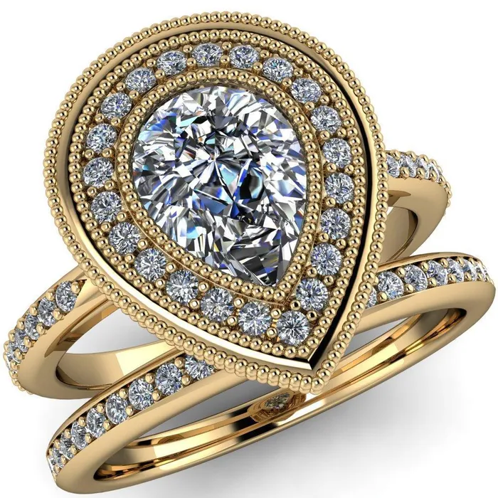 Kasey Pear Center Stone Milgrain Halo Bezel Pinch Diamond Ring Fire Brilliance Rings