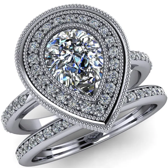Kasey Pear Center Stone Milgrain Halo Bezel Pinch Diamond Ring Fire Brilliance Rings