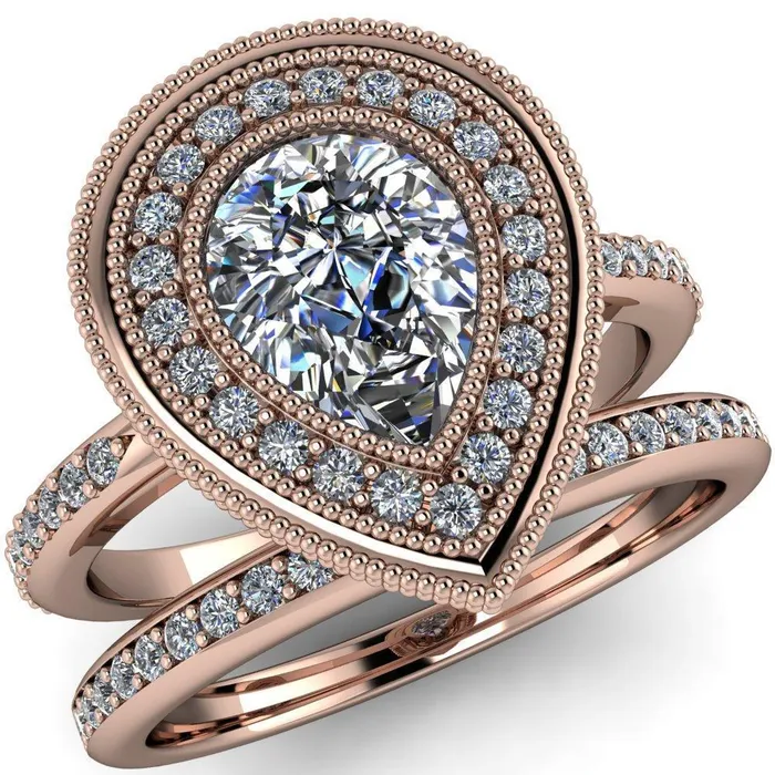 Kasey Pear Center Stone Milgrain Halo Bezel Pinch Diamond Ring Fire Brilliance Rings