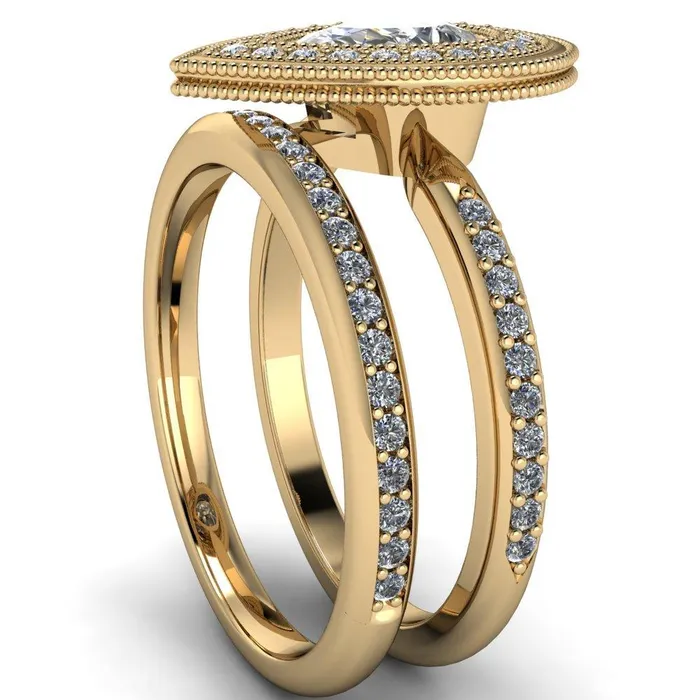 Kasey Pear Center Stone Milgrain Halo Bezel Pinch Diamond Ring Fire Brilliance Rings