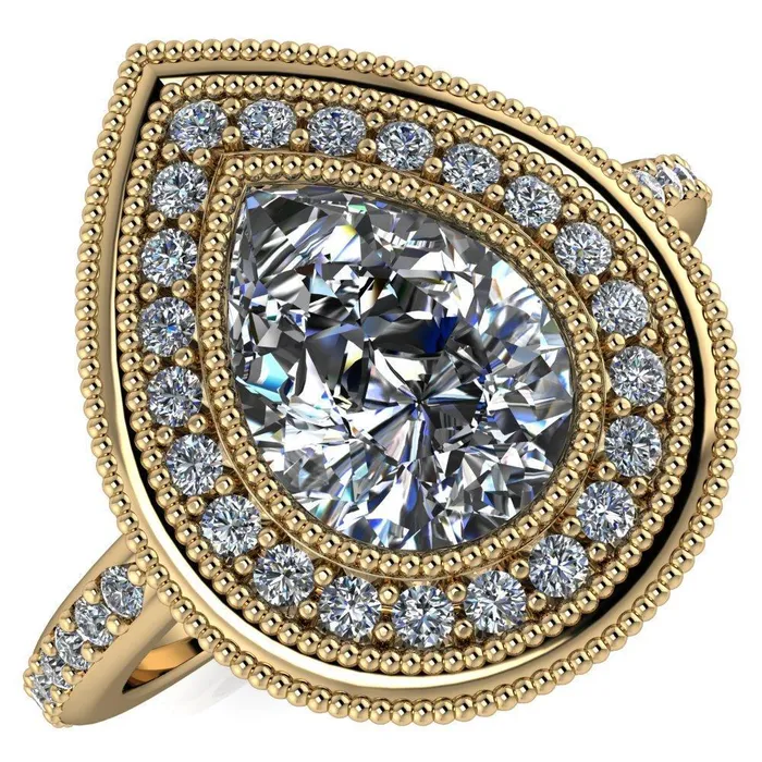 Kasey Pear Center Stone Milgrain Halo Bezel Pinch Diamond Ring Fire Brilliance Rings
