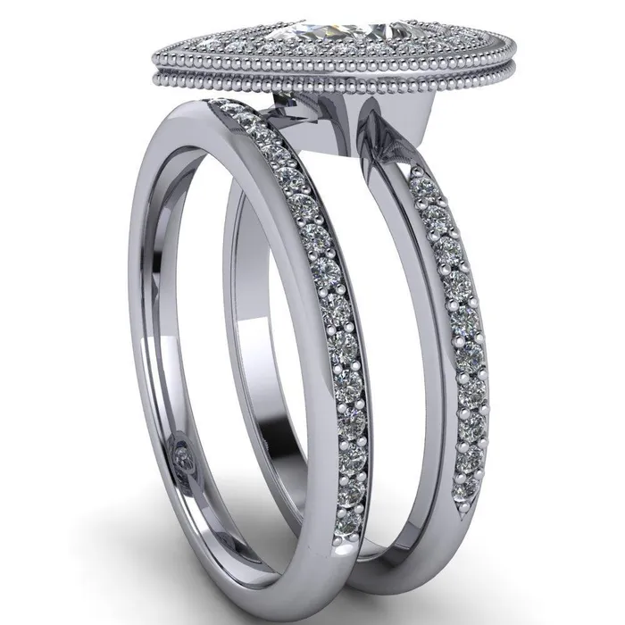 Kasey Pear Center Stone Milgrain Halo Bezel Pinch Diamond Ring Fire Brilliance Rings