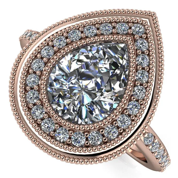 Kasey Pear Center Stone Milgrain Halo Bezel Pinch Diamond Ring Fire Brilliance Rings