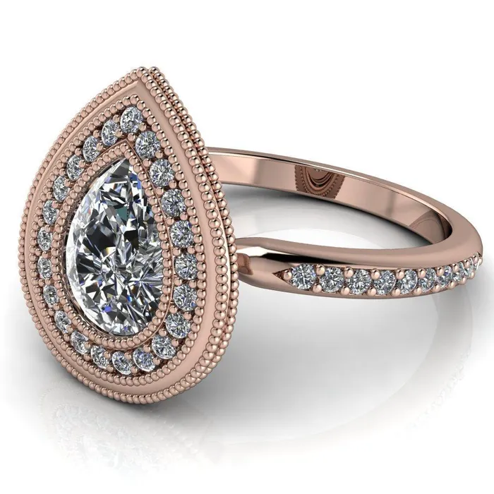 Kasey Pear Center Stone Milgrain Halo Bezel Pinch Diamond Ring Fire Brilliance Rings