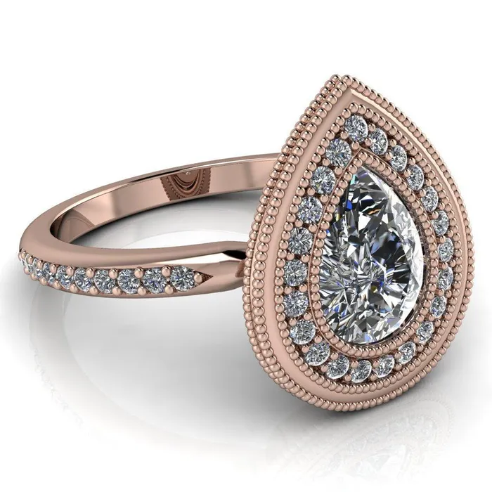 Kasey Pear Center Stone Milgrain Halo Bezel Pinch Diamond Ring Fire Brilliance Rings