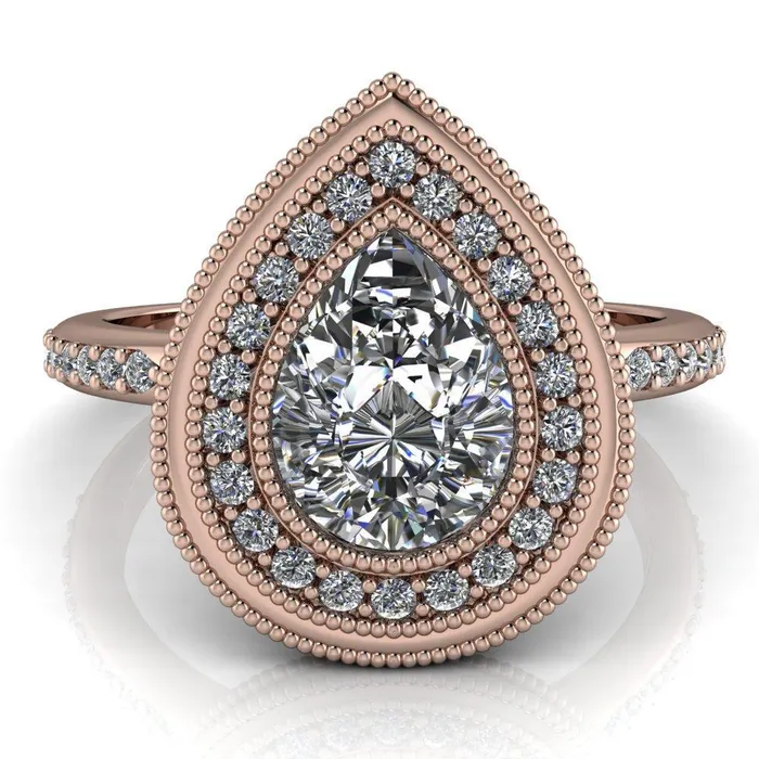 Kasey Pear Center Stone Milgrain Halo Bezel Pinch Diamond Ring Fire Brilliance Rings