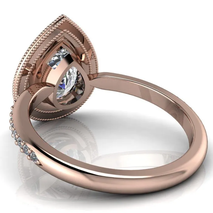 Kasey Pear Center Stone Milgrain Halo Bezel Pinch Diamond Ring Fire Brilliance Rings