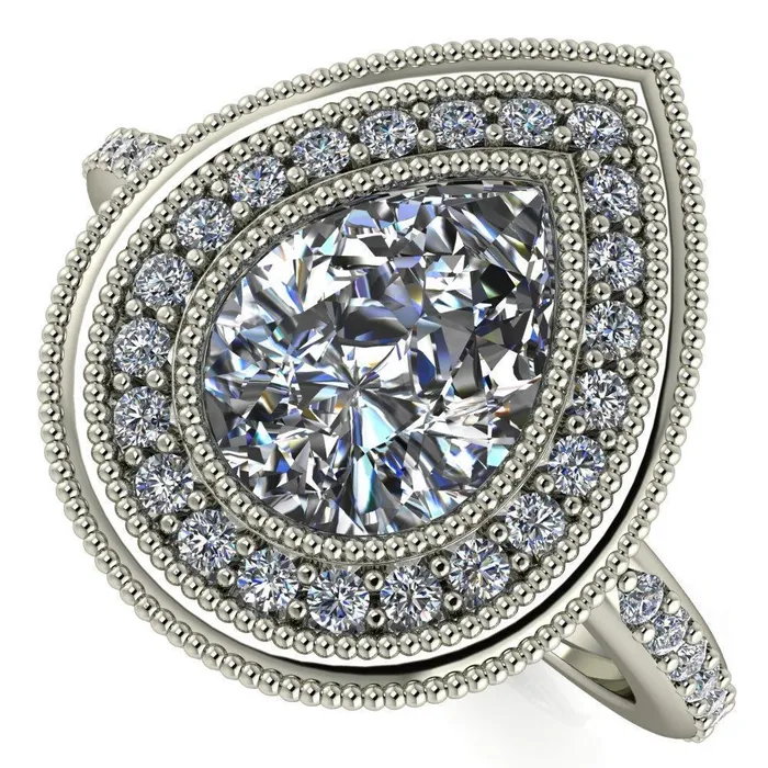 Kasey Pear Center Stone Milgrain Halo Bezel Pinch Diamond Ring Fire Brilliance Rings