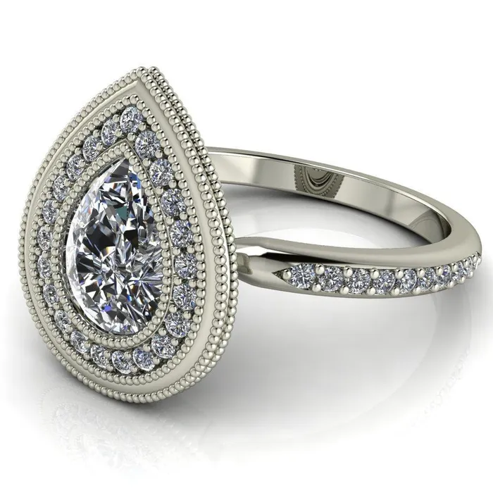 Kasey Pear Center Stone Milgrain Halo Bezel Pinch Diamond Ring Fire Brilliance Rings