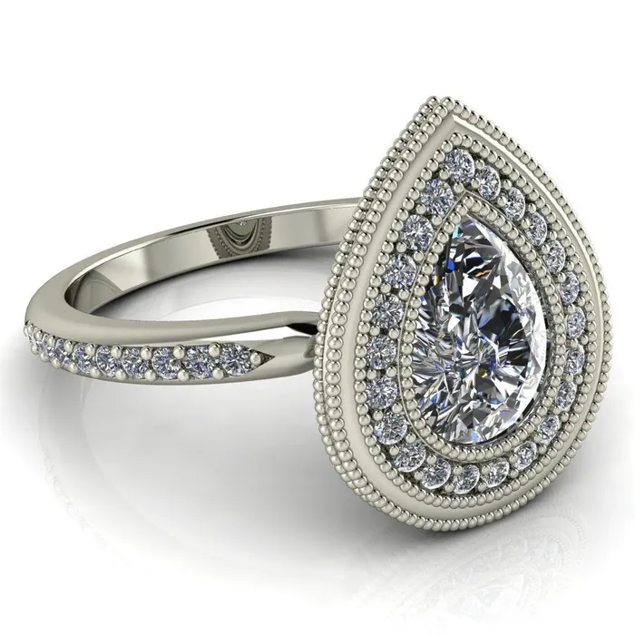 Kasey Pear Center Stone Milgrain Halo Bezel Pinch Diamond Ring Fire Brilliance Rings