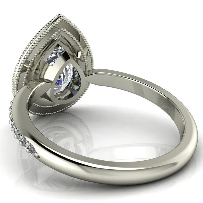 Kasey Pear Center Stone Milgrain Halo Bezel Pinch Diamond Ring Fire Brilliance Rings