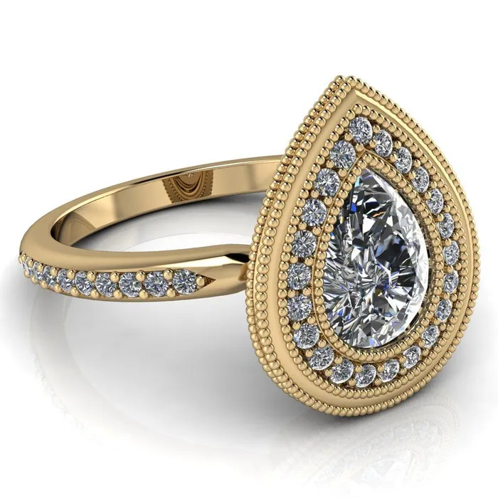 Kasey Pear Center Stone Milgrain Halo Bezel Pinch Diamond Ring Fire Brilliance Rings