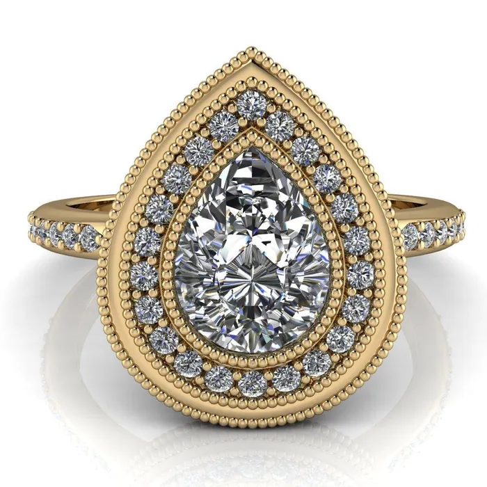 Kasey Pear Center Stone Milgrain Halo Bezel Pinch Diamond Ring Fire Brilliance Rings