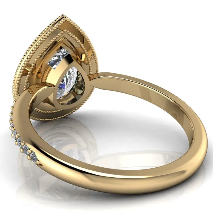 Kasey Pear Center Stone Milgrain Halo Bezel Pinch Diamond Ring Fire Brilliance Rings