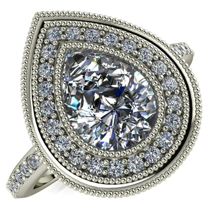 Kasey Pear Center Stone Milgrain Halo Bezel Pinch Diamond Ring Fire Brilliance Rings