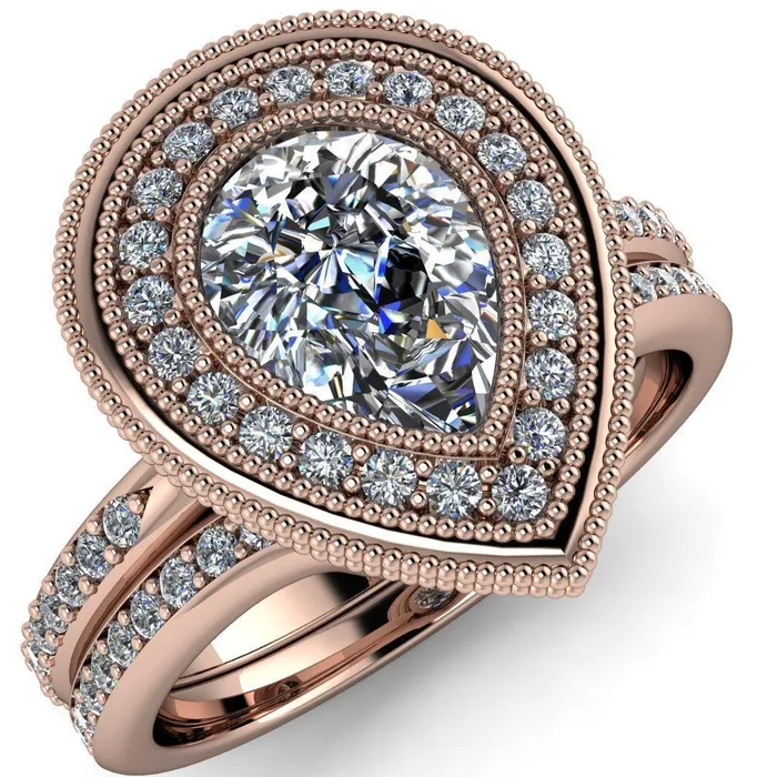 Kasey Pear Center Stone Milgrain Halo Bezel Pinch Diamond Ring Fire Brilliance Rings