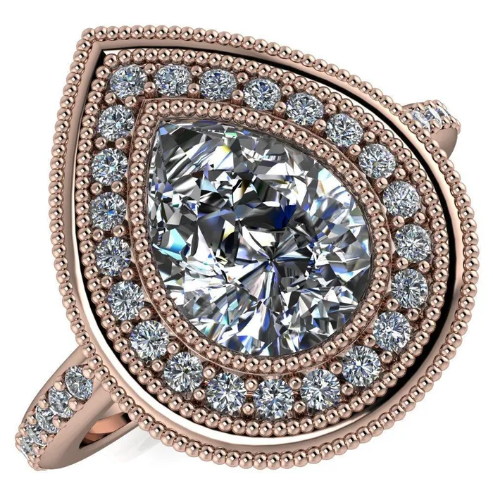 Kasey Pear Center Stone Milgrain Halo Bezel Pinch Diamond Ring Fire Brilliance Rings