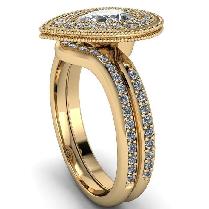 Kasey Pear Center Stone Milgrain Halo Bezel Pinch Diamond Ring Fire Brilliance Rings