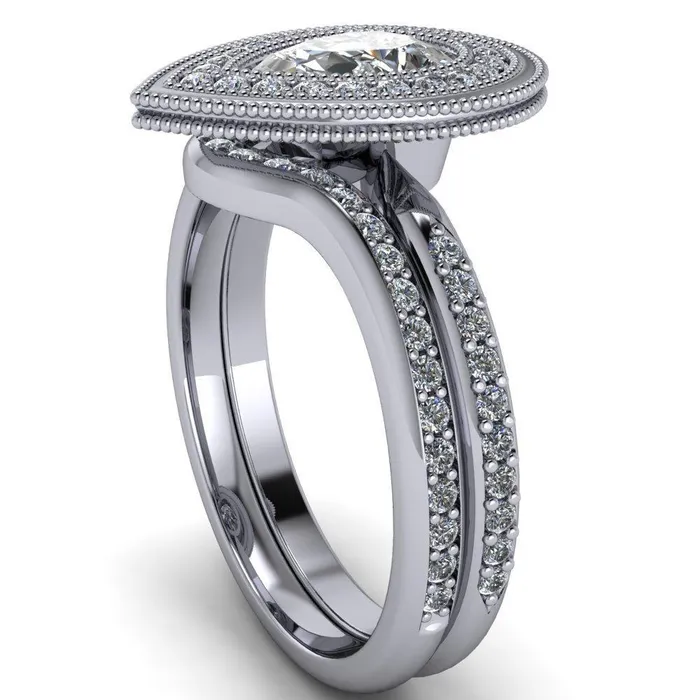 Kasey Pear Center Stone Milgrain Halo Bezel Pinch Diamond Ring Fire Brilliance Rings
