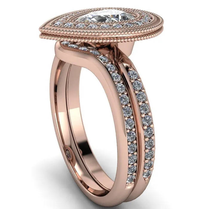 Kasey Pear Center Stone Milgrain Halo Bezel Pinch Diamond Ring Fire Brilliance Rings