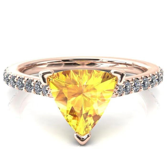 Kelsy Trillion Yellow Sapphire 3 Prong 34 Shared Scalloped Inverted Cathedral Ring Fire Brilliance Rings
