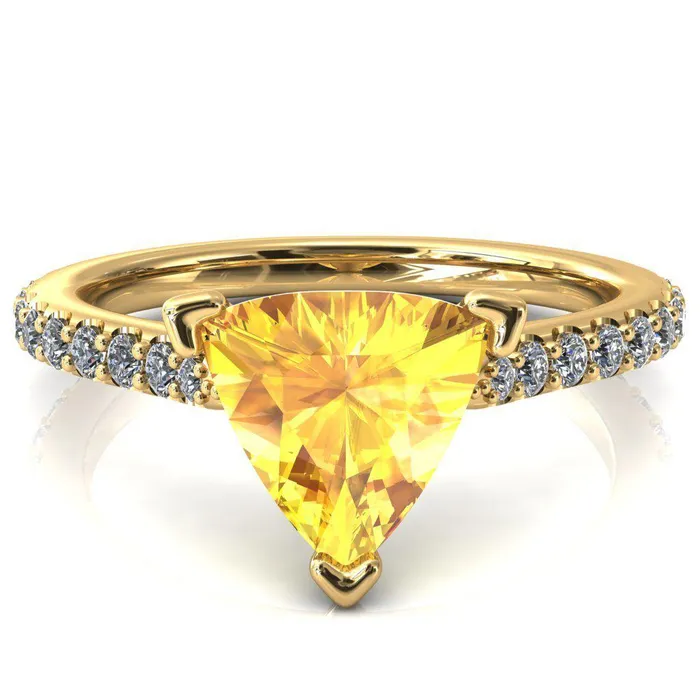 Kelsy Trillion Yellow Sapphire 3 Prong 34 Shared Scalloped Inverted Cathedral Ring Fire Brilliance Rings