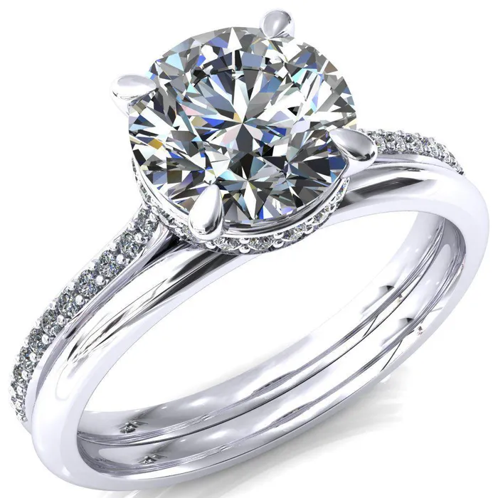 Kiki Round Center Stone 4 Prongs Claw Floating Halo 12 Pinpoint Inverted Cathedral Ring Fire Brilliance Rings